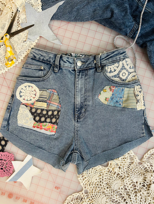 OOAK Quilt Square Patch High Waisted Cut-Offs