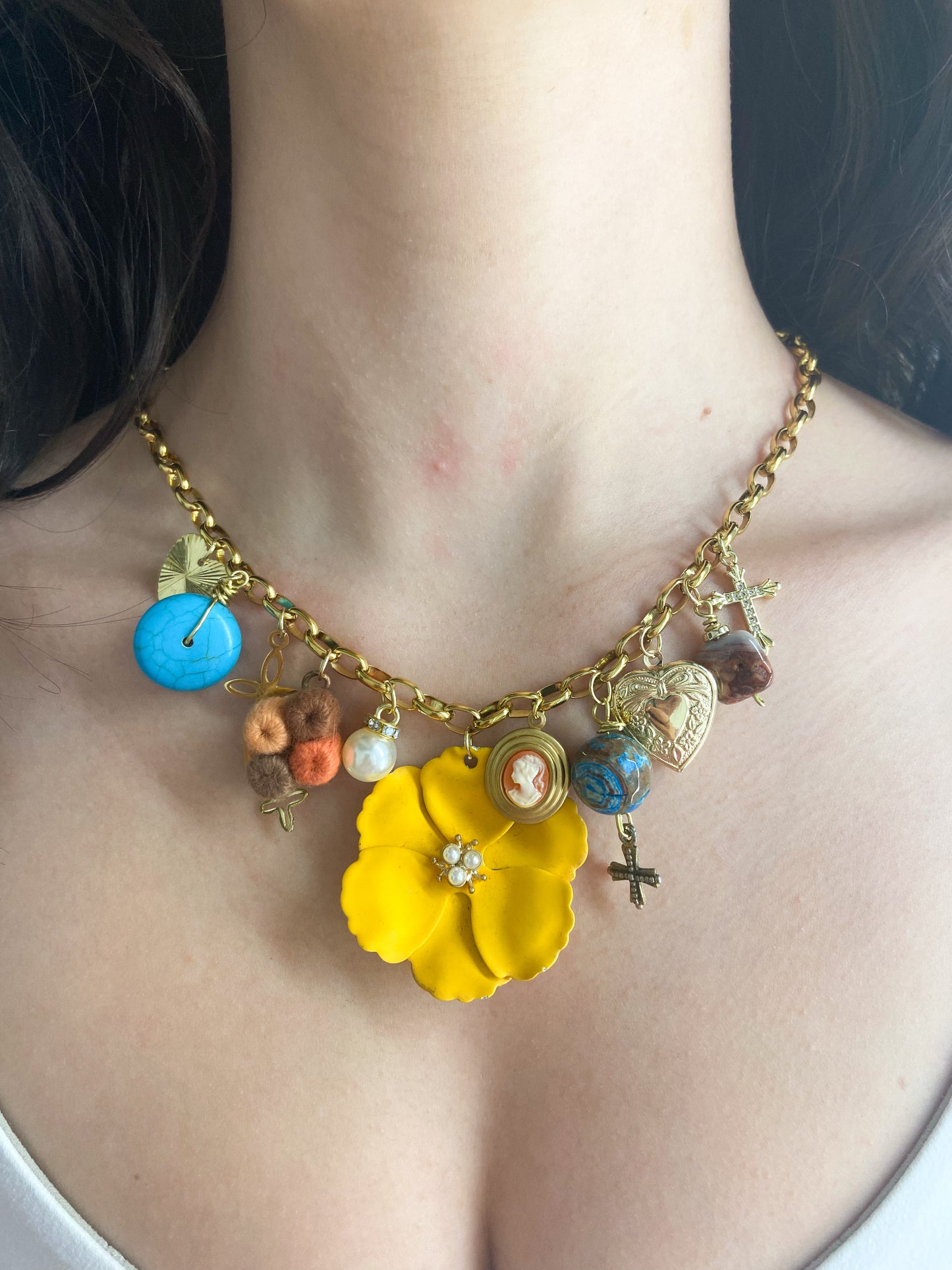 OOAK Yellow Flower Pendant Charm Necklace
