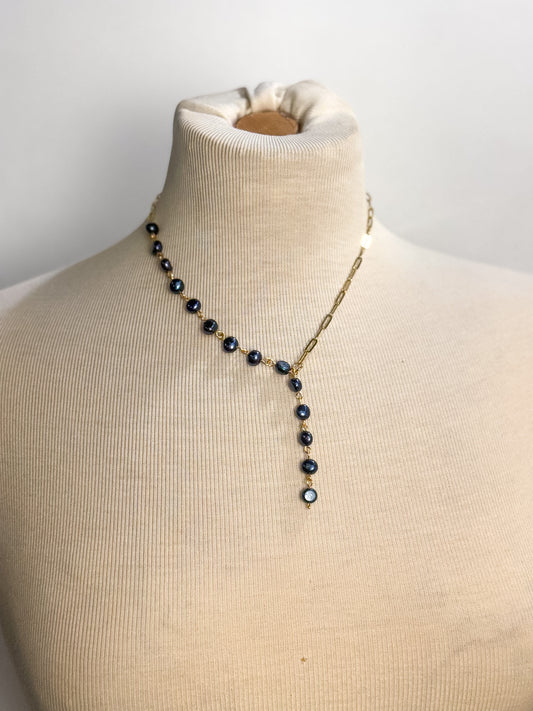 Handmade Navy Freshwater Pearl Lariat Necklace
