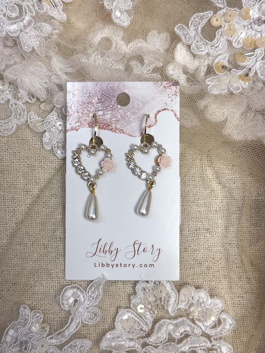 Handmade Rose Heart & Pearl Earrings