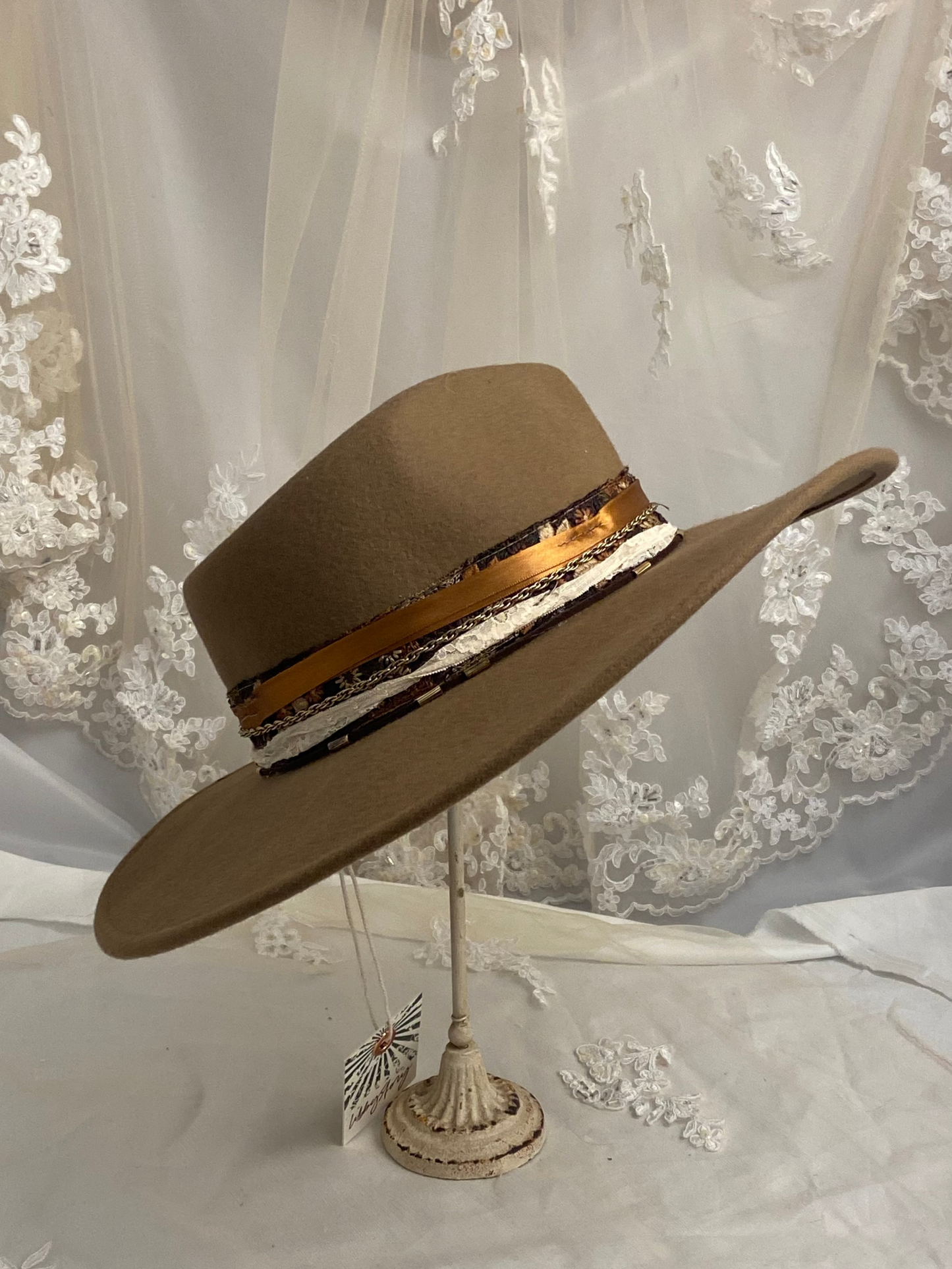 OOAK Wool Brown Floral Ribbon Flexible Wide Brim Hat