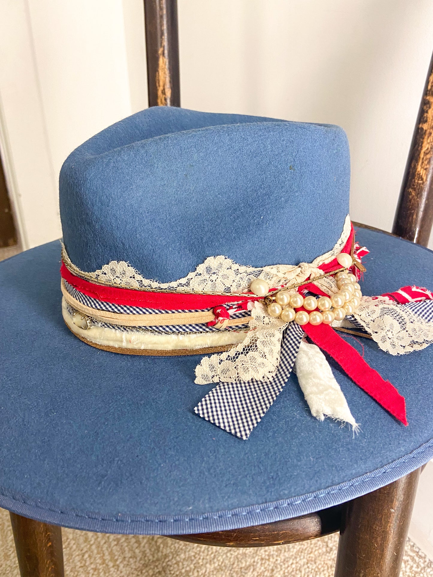 OOAK 100% Wool Blue/Red/Pearls Stiff Brim Rancher Hat