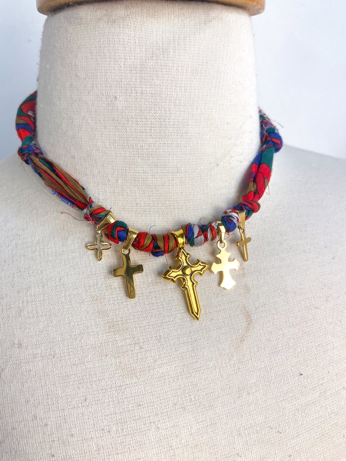 OOAK Crossed Paths Vintage Scarf and Cross Medallion Necklace