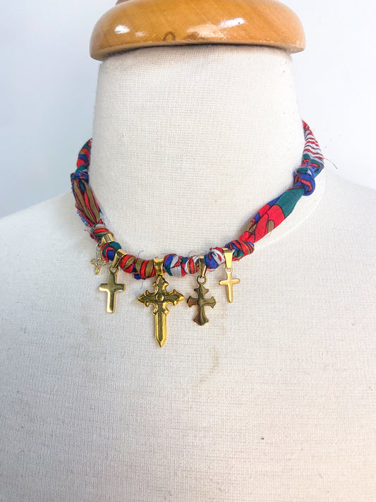 OOAK Crossed Paths Vintage Scarf and Cross Medallion Necklace