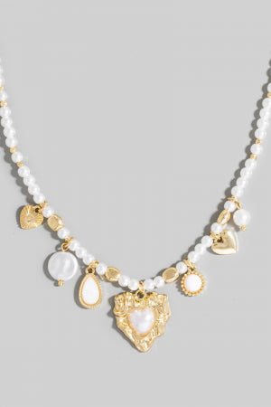 Mixed Heart Charms Pearl And Metallic Beaded Necklace