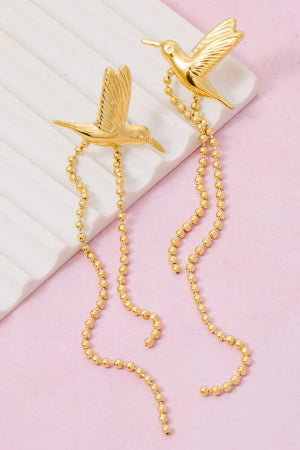 Gold Dipped Humming Bird And Chain Stud Dangle Earrings