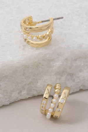 Mini Three Line Pearl Bead Hoop Earrings