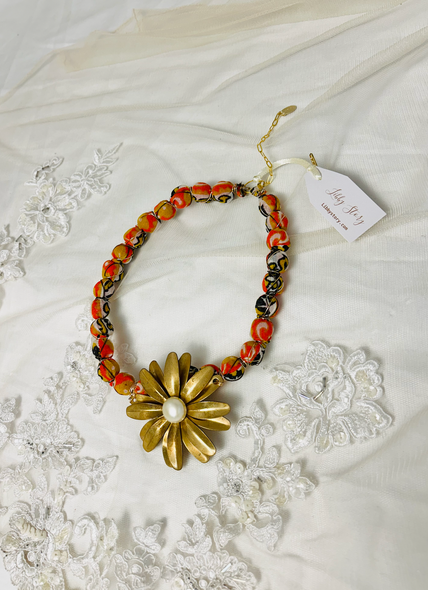 OOAK Fabric Beads and Vintage Flower Necklace