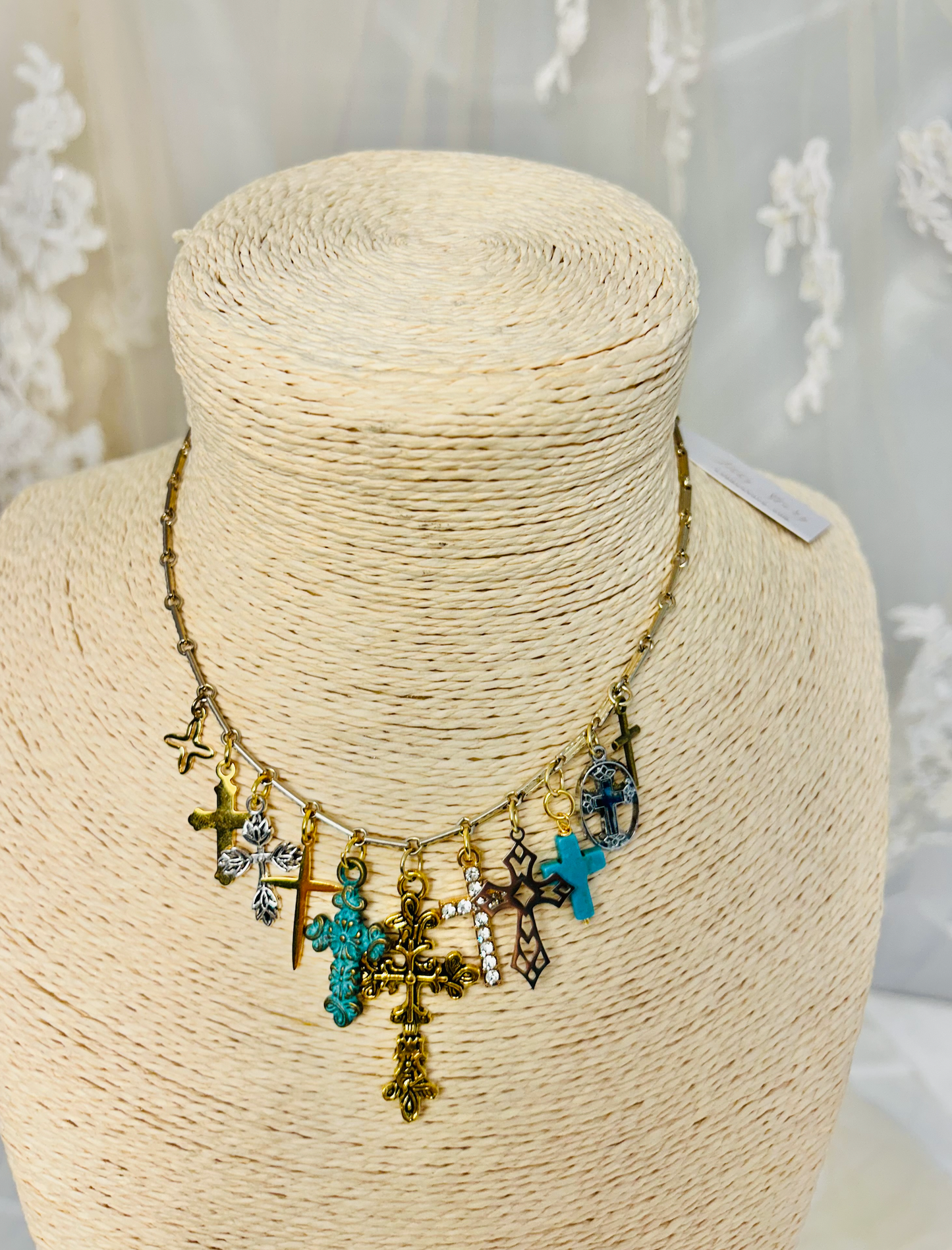 OOAK Vintage Chain 11 Cross Charm Necklace