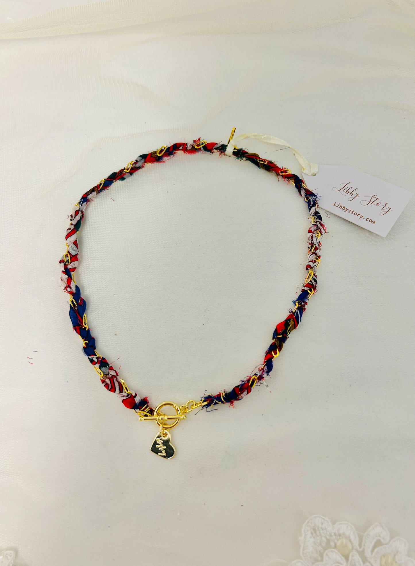 OOAK Braided Fabric and Chain Thin Necklace