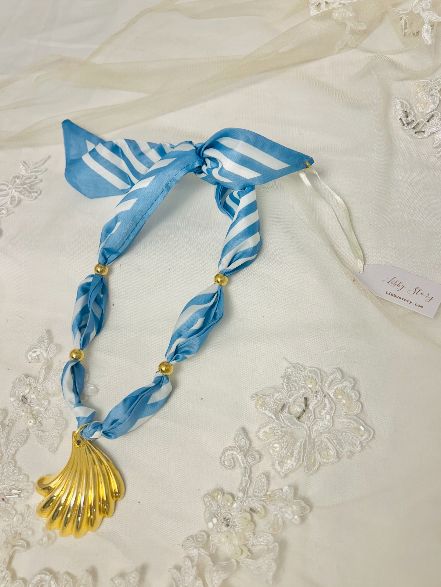 OOAK Vintage Shell Pendant Scarf Necklace