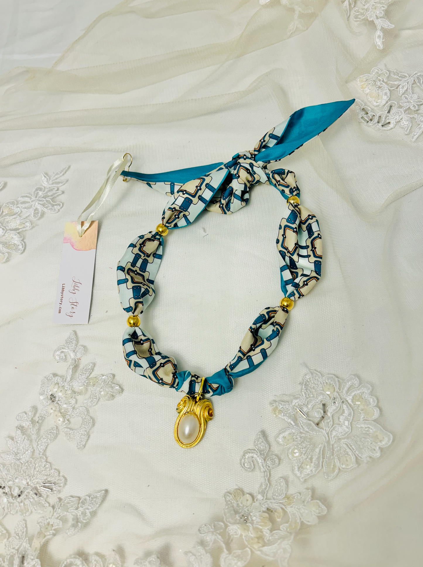 OOAK Handmade Print Scarf and Vintage Pearl Pendant Scarf Necklace