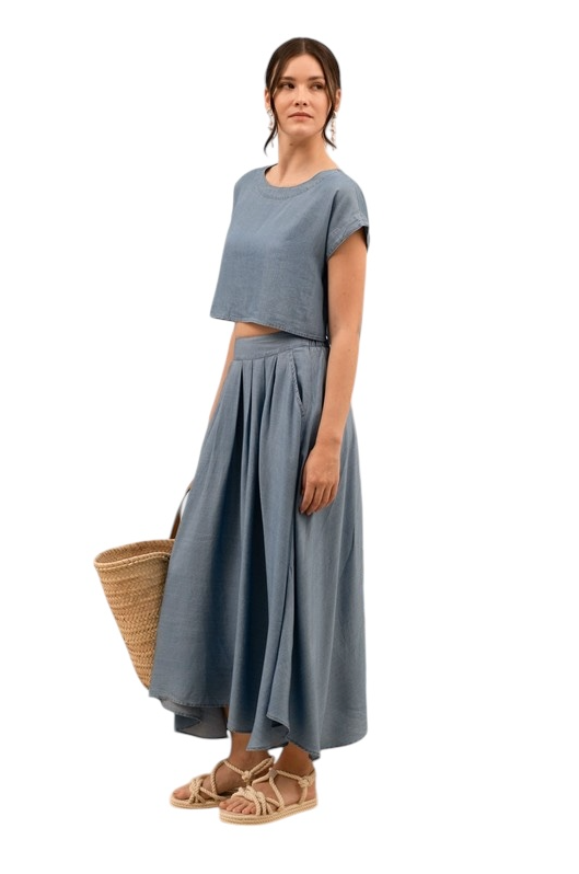 Chambray Boat Neck Boxy Crop Top