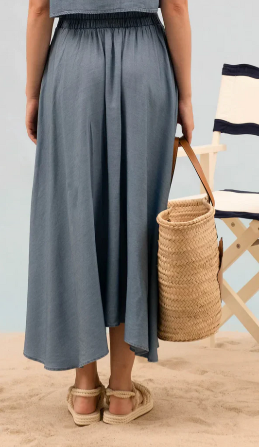 Chambray Pleated Midi Skirt