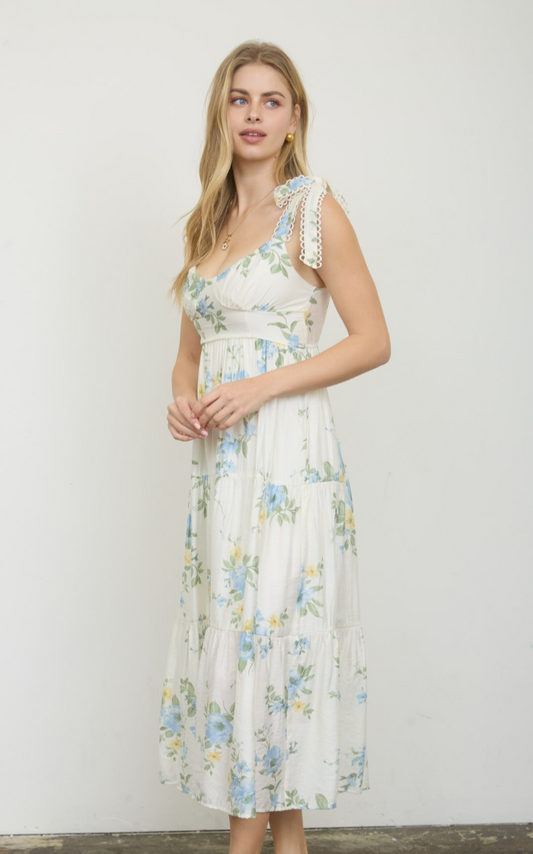 Floral Tie Strap with Scallop Lace Trim Midi Dress