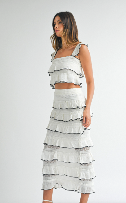 Tiered Ruffled Knit Midi Skirt