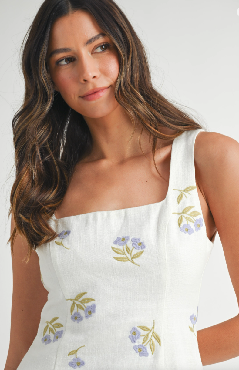 Embroidered Square Neck Mini Dress