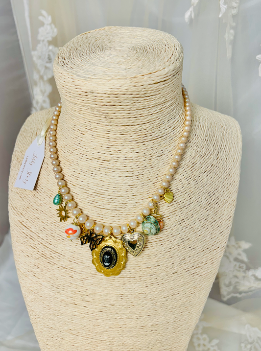 OOAK Vintage Pearl Butterfly Cameo Charm Necklace