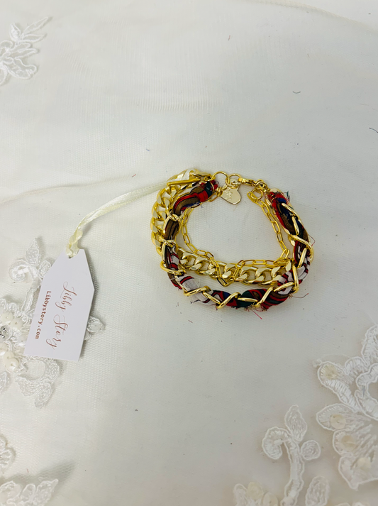 OOAK Fabric and Chain 3 Strand Bracelet