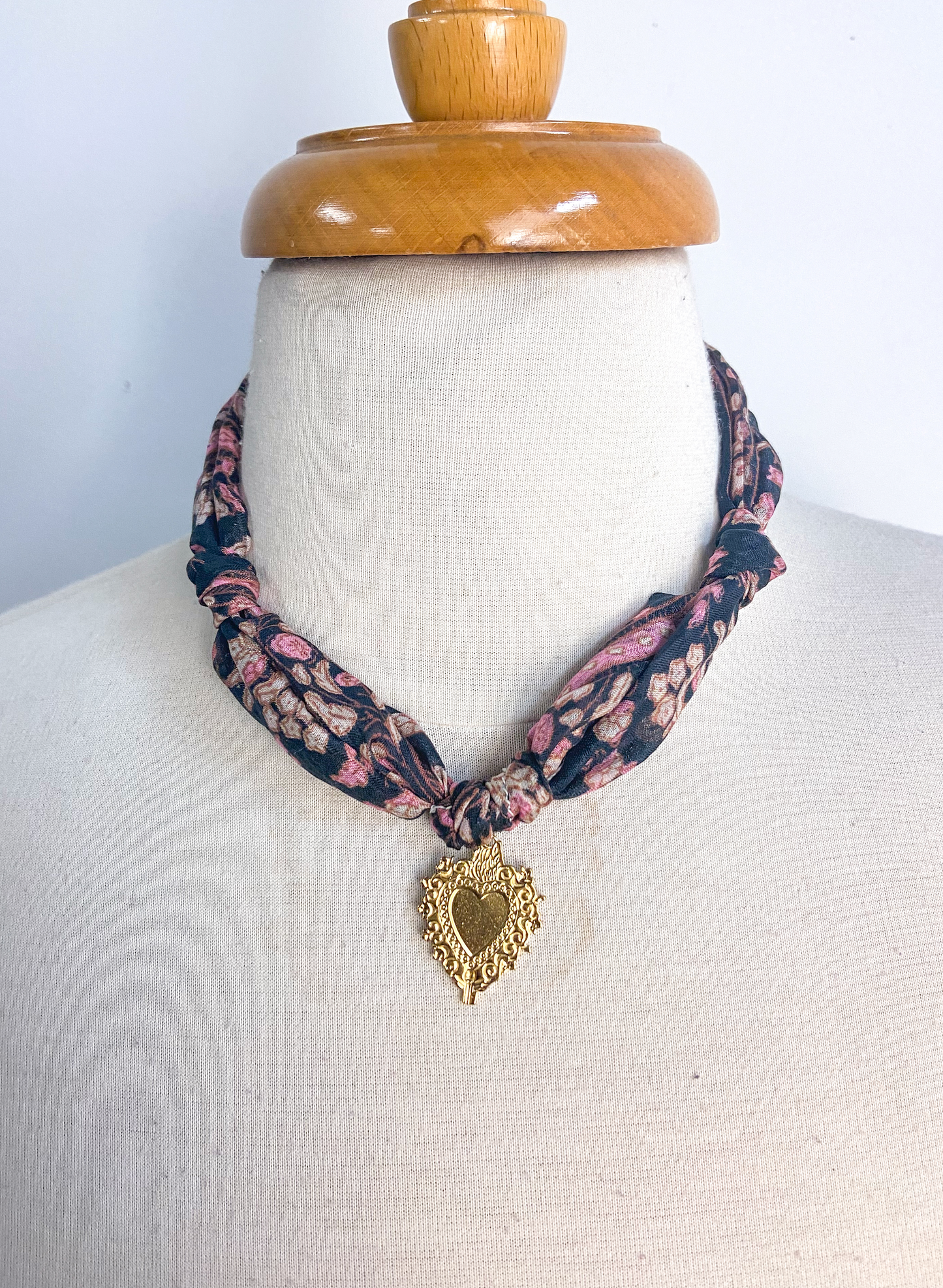 OOAK Silk Printed Scarf and Heart Necklace