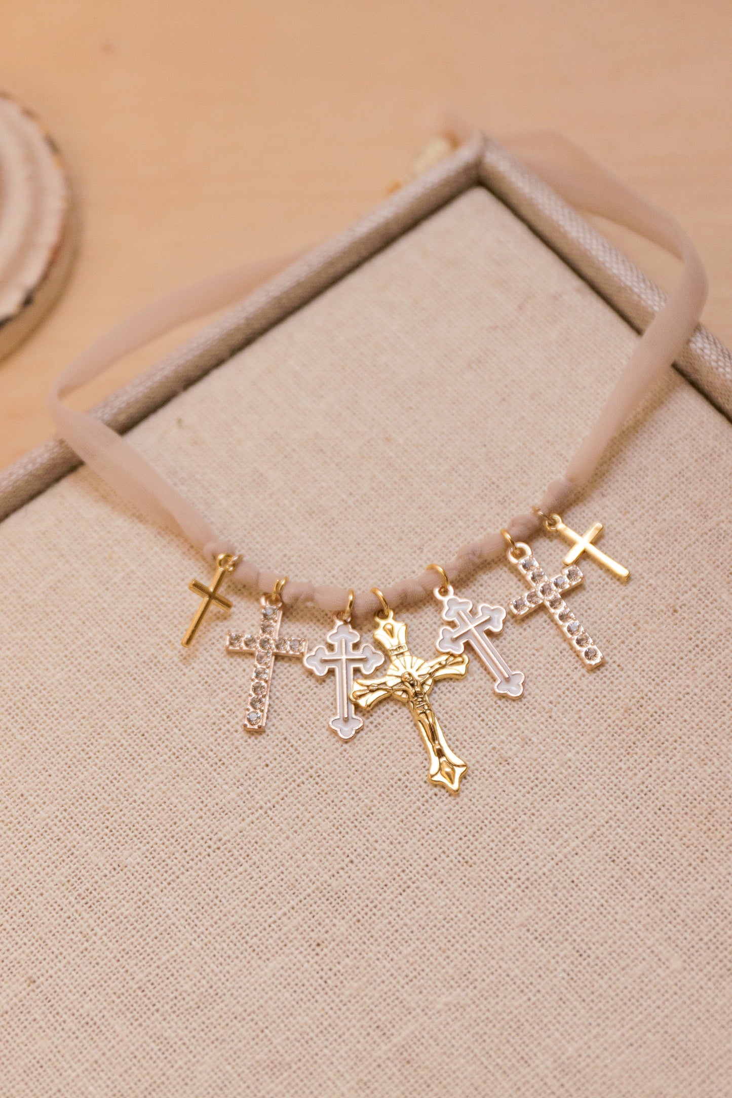 Mixed Metal Cross Charms Fabric Necklace | One-of-a-Kind