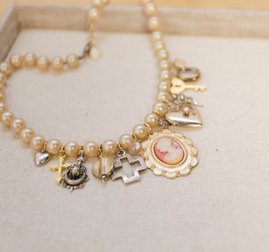 OOAK Cleo Vintage Pearl and Charm Necklace