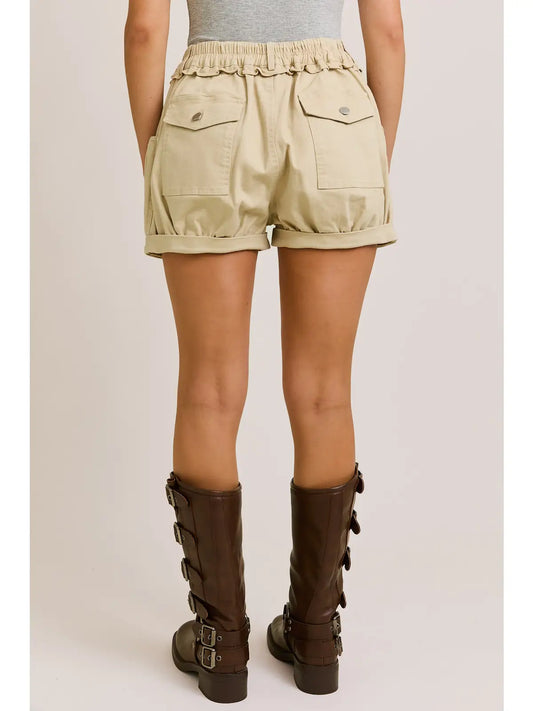 High-Waisted Bloomer Pocket Ruffle Detail Roll Up Shorts