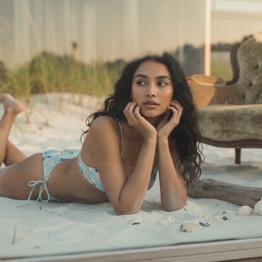 SCENE CONTEXT:
STUDIO SETTING: Editorial fashion photography of a young creative woman on a secluded