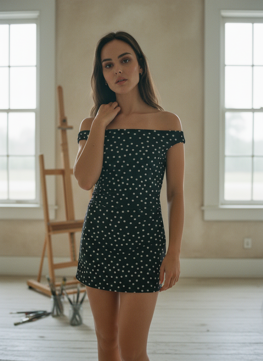 AI Editorial - Polka Dot Ruched Mesh Mini Dress