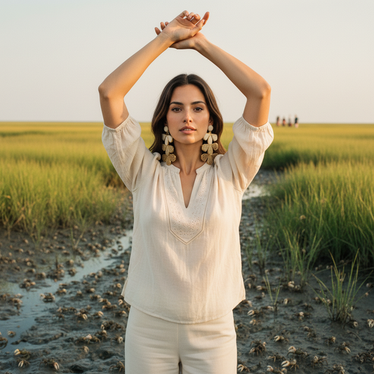 AI Editorial - Straw Weave 3 Tone Tiered Petals Dangle Earrings