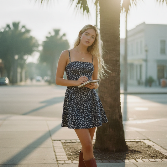 AI Editorial - Spaghetti Strap Drop Waist Denim Mini Dress