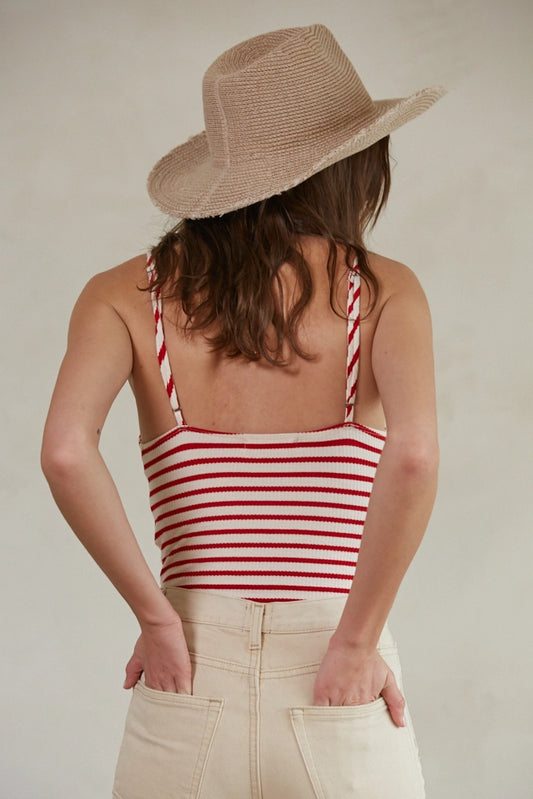 Ribbed Striped Front Chest Twisted Cami Bodysuit