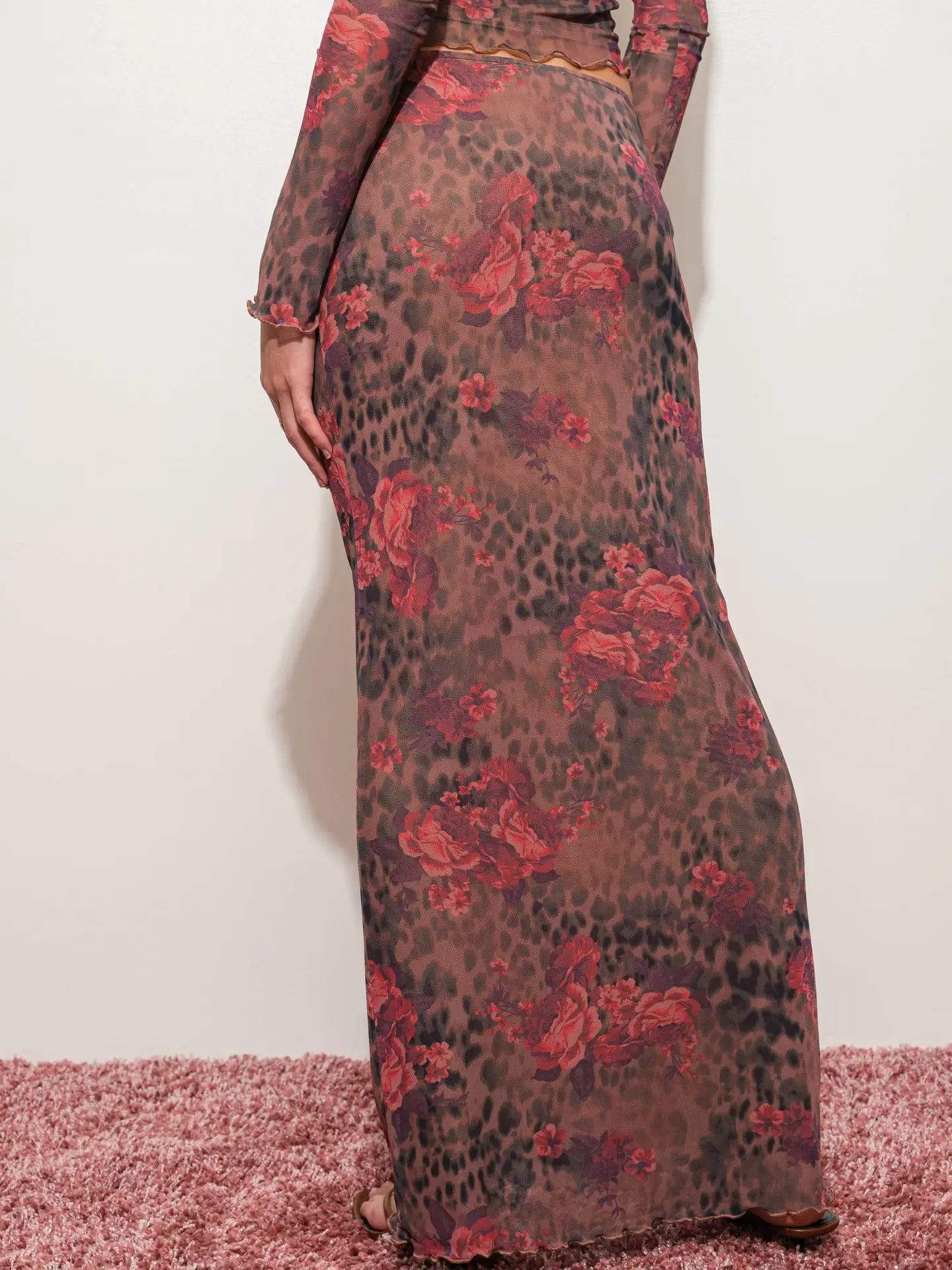 Floral Leopard Mesh Maxi Skirt