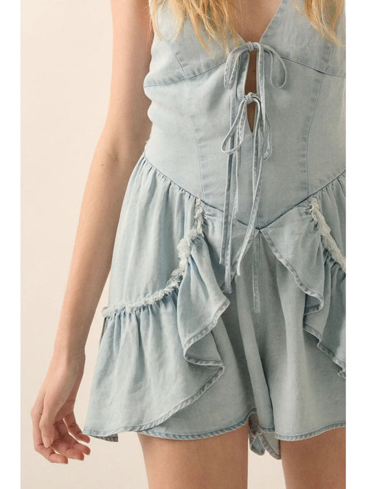 Denim Ruffled Tie-Front Cami Romper
