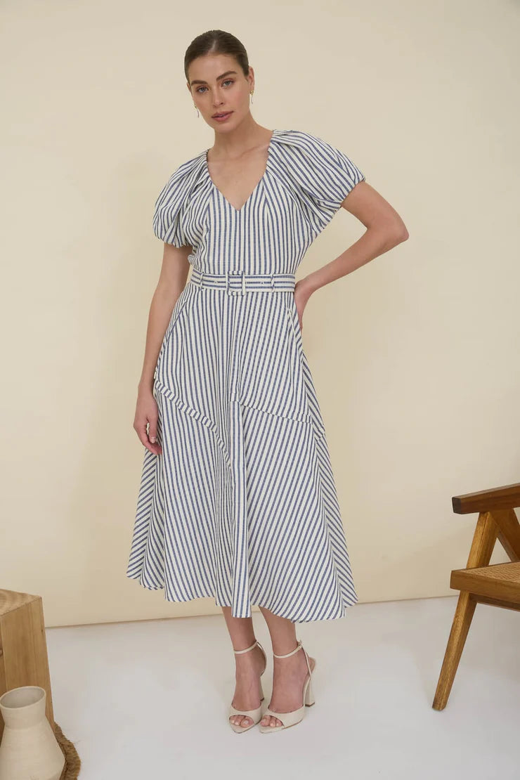 Navy Stripe Puff Sleeve Dress with Belt
