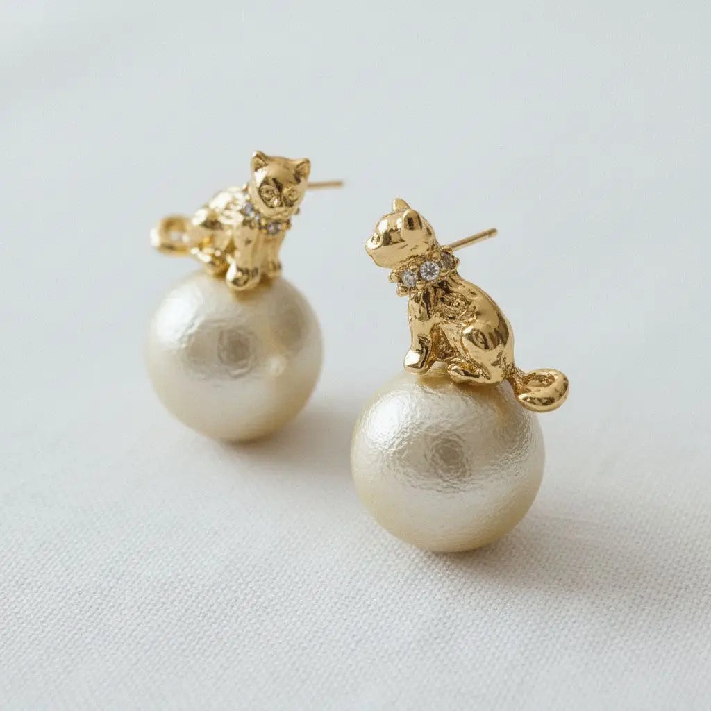 Artisan Egyptian Cat Pearl Stud Earrings