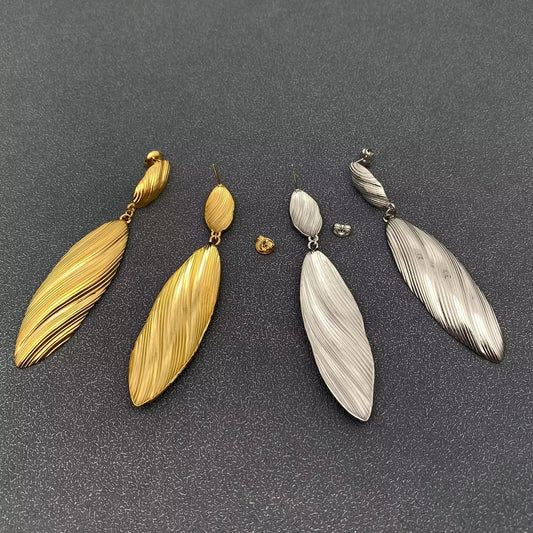 18K Gold Plated S.Steel Striped Oval Dangle Earrings