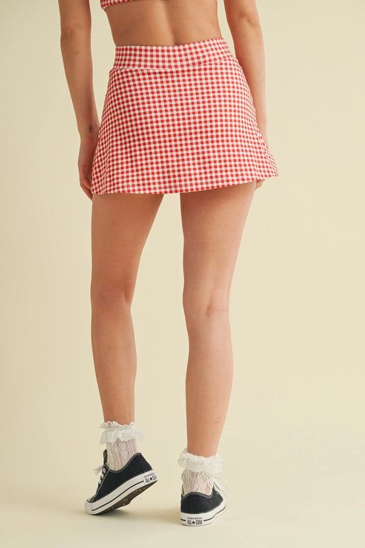 Gingham Print Side Slit A-Line Skort
