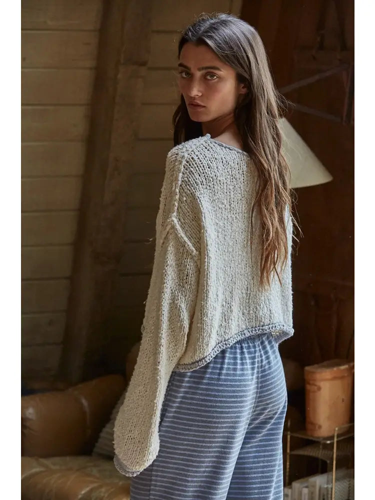 Knit Sweater Pullover Top with Contrast Hems Detail