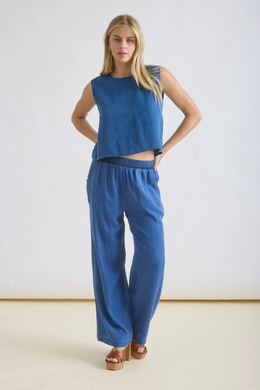 Chambray Elastic High Waist Wide Leg Pant