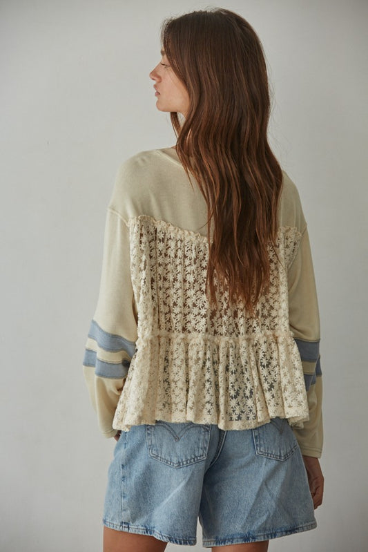 Knit V-Neck Long Sleeve Baby Doll Ruffle Contrast Top