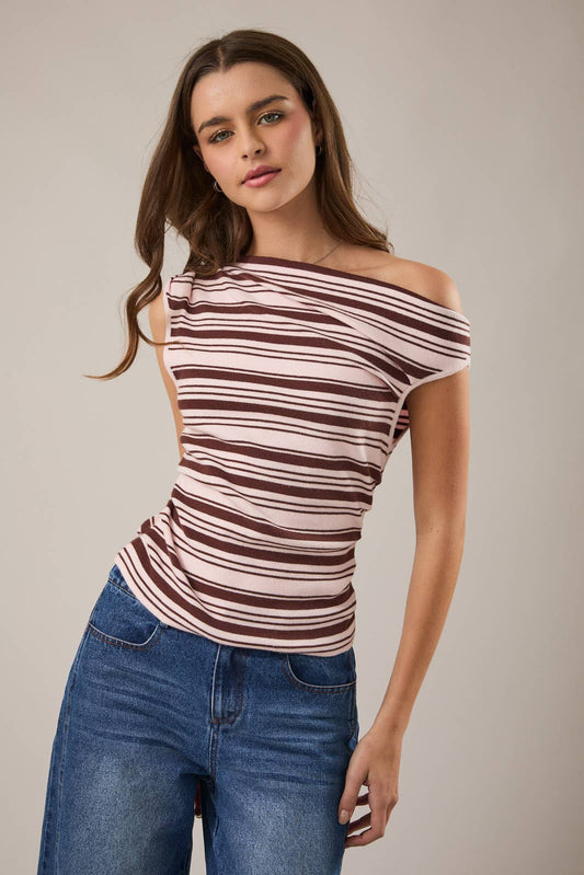 ASYMMETRICAL NECK STRIPED SWEATER TOP
