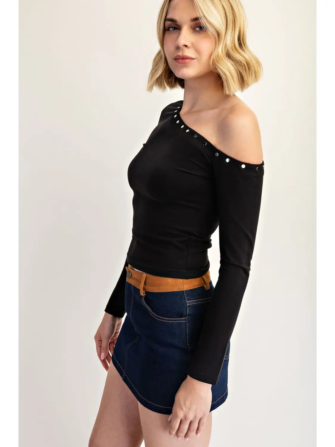 One Shoulder Stud Detail Knit Long Sleeve Top