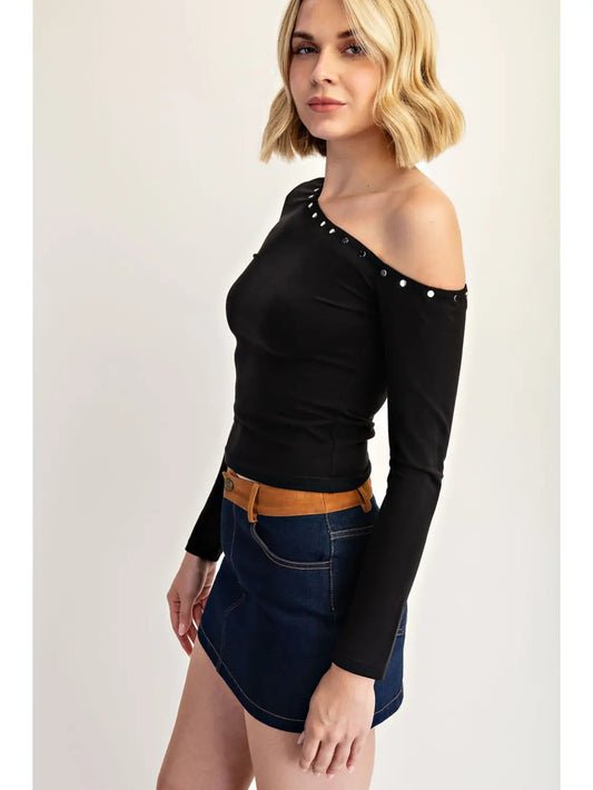 One Shoulder Stud Detail Knit Long Sleeve Top