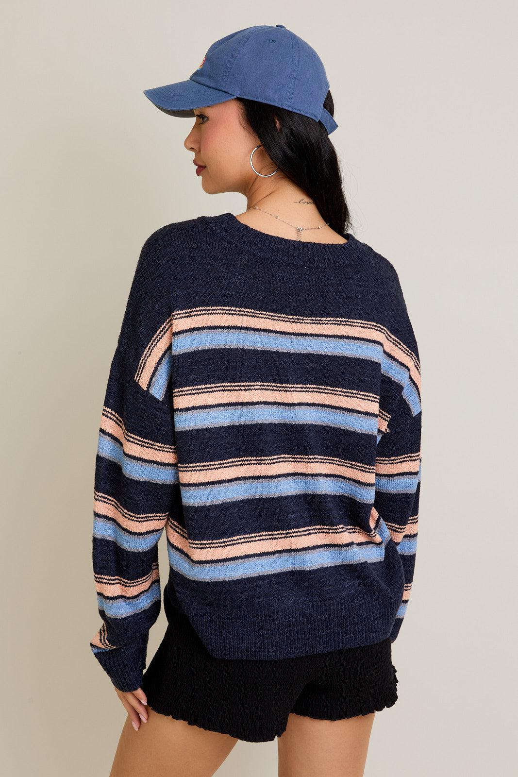 V-Neck Fuzzy Striped Long Sleeve Oversized Sweater