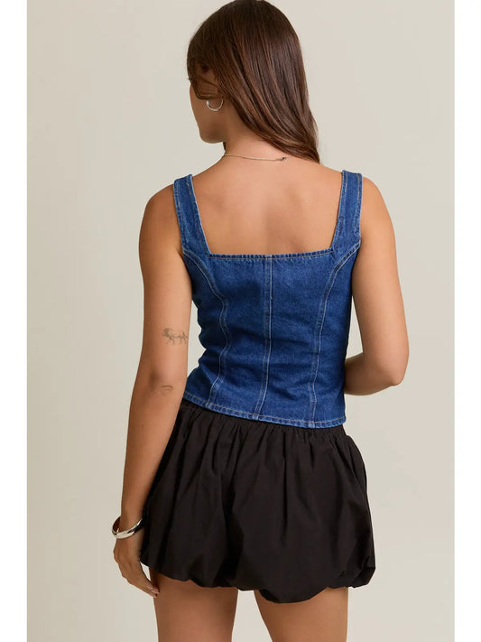 Front Pleated Detail Sleeveless Denim Top