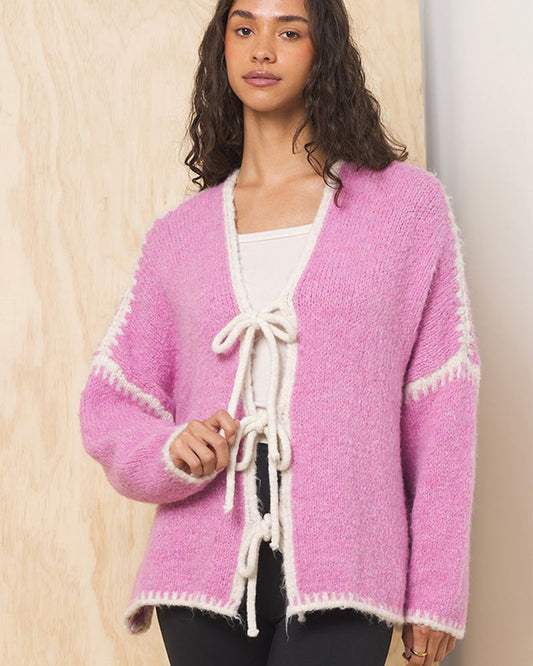 Vintage Havana Tie Front Cardigan in Pink