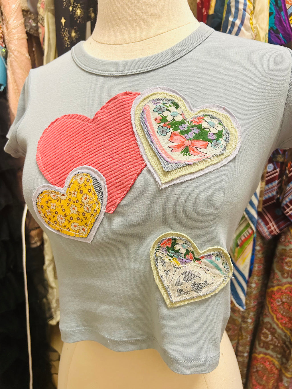OOAK Bandana Denim & Stripe Heart Patch Crop Tee