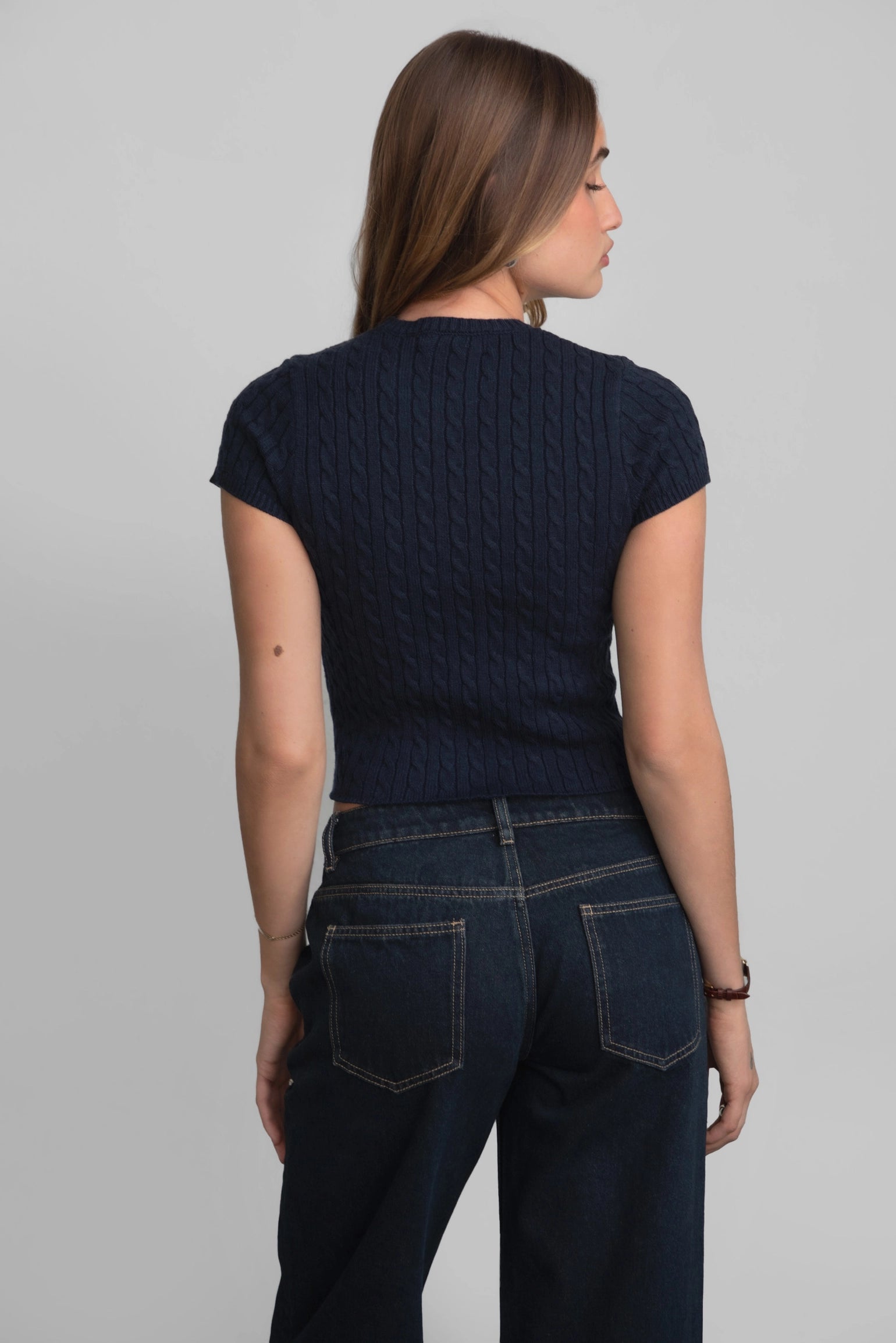 Laureni Preppy Cable Knit Short Sleeve Top Sweater