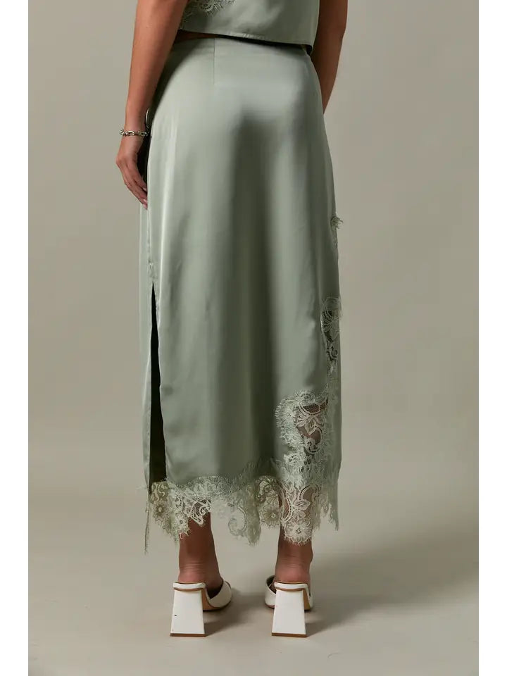 Mid Waist Lace Trim Detail Bias Midi Skirt